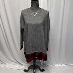 Egs California Tunic Womens Size Large Gray Buffalo Plaid Hem Long Sleeve Top